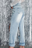 Bjlxn - Light Blue Street Solid Ripped Chains Loose Denim Jeans