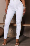 Bjlxn - White Casual Solid Patchwork High Waist Skinny Denim Jeans