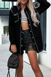 Bjlxn - Black Casual Punk Solid Rivets Turndown Collar Long Sleeve Loose Denim Jacket