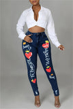 Bjlxn - Deep Blue Fashion Casual Print Patchwork Mid Waist Skinny Denim Jeans