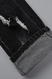 Bjlxn - Dark Blue Fashion Casual Solid Ripped Patchwork High Waist Skinny Denim Jeans