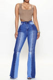 Bjlxn - Blue Casual Patchwork Contrast High Waist Regular Denim Jeans (Subject To The Actual Object)