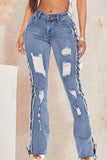 Bjlxn - Baby Blue Sexy Solid Ripped Hollowed Out Patchwork High Waist Denim Jeans