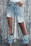 Bjlxn - Light Blue Street Solid Ripped Chains Loose Denim Jeans