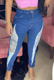 Bjlxn - Blue Fashion Casual Solid Ripped High Waist Skinny Denim Jeans