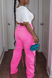 Bjlxn - Fluorescent Pink Casual College Solid Ripped Make Old Patchwork Pocket High Waist Denim Jeans