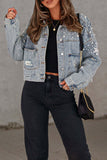 Bjlxn - Light Blue Casual Solid Beading Turndown Collar Long Sleeve Denim Jacket