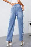 Bjlxn - Blue Casual Solid Patchwork High Waist Straight Denim Jeans