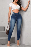 Bjlxn - Deep Blue Casual Solid Patchwork High Waist Skinny Denim Jeans