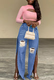 Bjlxn - Blue Sexy Street Solid Ripped Patchwork Slit High Waist Denim Jeans