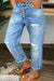 Bjlxn - Baby Blue Fashion Casual Solid Ripped Patchwork Buckle High Waist Regular Denim Jeans