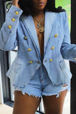 Bjlxn - Light Blue Casual Solid Patchwork Turndown Collar Long Sleeve Regular Denim Jacket