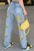 Bjlxn - Baby Blue Fashion Casual Print Patchwork High Waist Regular Denim Jeans