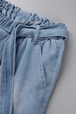 Bjlxn - Light Blue Casual Solid Bandage Patchwork High Waist Straight Denim Jeans