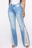 Bjlxn - Baby Blue Casual Patchwork Ripped High Waist Regular Denim Jeans