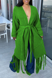 Bjlxn - Green Casual Solid Tassel V Neck Outerwear