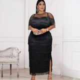 Elegant Women Layered Fringe Dresses For Party Gown Casual Tassel Skims Dress S-4XL Ladies Robe Solid Maxi Skirt Evening