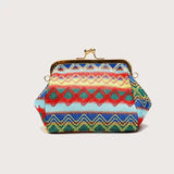 Bjlxn - Boho Straw Woven Kiss Lock Metal Chain Clutch Textured Frame Purse Crossbody Bag