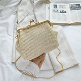 Bjlxn - Boho Straw Woven Kiss Lock Metal Chain Clutch Textured Frame Purse Crossbody Bag