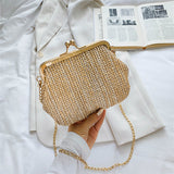 Bjlxn - Boho Straw Woven Kiss Lock Metal Chain Clutch Textured Frame Purse Crossbody Bag