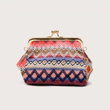 Bjlxn - Boho Straw Woven Kiss Lock Metal Chain Clutch Textured Frame Purse Crossbody Bag