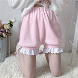 Winter Cute Lolita Girls Warm Velvet Shorts Sweet High Waist Lace Women's Plush Shorts Summer Kawaii Bloomers Shorts Pink White - Bjlxn