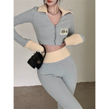 Korean Fashion Simple Casual Two Piece Tracksuit Women Crop Top + Pants Suits Autumn Winter 2 Piece Pants Sets Trousers Suits