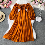 Autumn Women Slash Neck Long Sleeve Midi Dress Female Yellow/Red/Pink High Waist Ruffle Big Swing Chiffon Dresses Fashion 2022 - Bjlxn