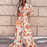 Elegant Gorgeous Printing Dress Women Casual Elastic Waist Long Party Dress 2023 Summer Loose Slit Beach Dress A932