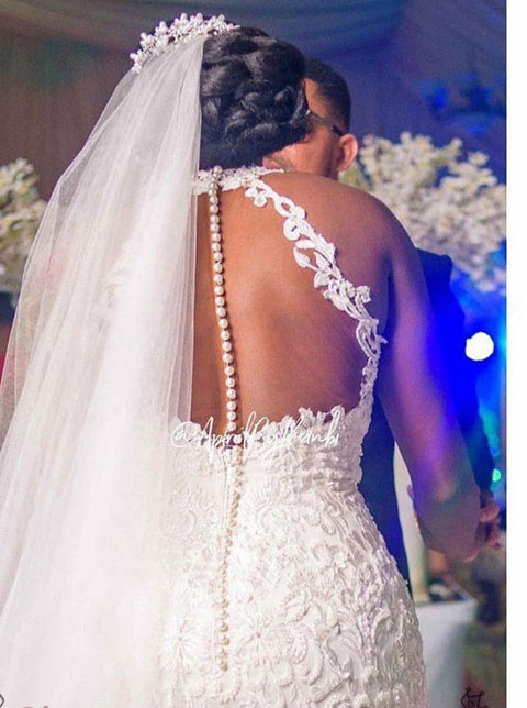 Bjlxn  Arabic Aso Ebi Vintage Lace Beaded Wedding Dresses Sheer Neck Mermaid Bridal Dresses Sexy Cheap Wedding Gowns 