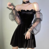 Bjlxn Gothic Sexy Dress Vintage Off Shoulder Lantern Sleeve Mesh Patchwork Mini Dress Dark Street Black Dress Female