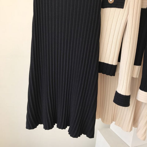 High Quality  Spring Fall Knit 2 Piece Set Women Office Lady Single Breasted Sweater Cardigan + Pleated Long Skirt Suit Sets