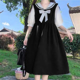 Bjlxn Harajuku Sailor Collar Navy Dress Japanese Lolita Sweet Bow-knot Girl Retro Cotton Kawaii Preppy Style Short Sleeve Dress Women - Bjlxn