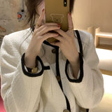 Korean Female White Tweed Basic Jacket Coat Women Clothing Outerwear Coats Channel Style Suit Cropped Stripeed Kawaii Channel