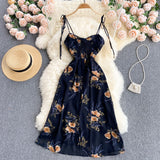 Summer Vintage Beach Long Dress Women Fashion Print Floral Spaghetti Strap Backless Split Dress Sexy Club Party Dresses