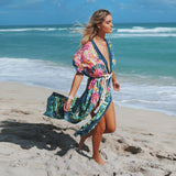 Leaves Print Bikini Beach Cover up Tunics for Beach Long Kaftan Bikini Cover up Robe de Plage Sarong Beach Swimsuit cover-ups