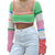 Women Summer Crop Tops Splicing Crochet Square Neck Long Sleeves Knitted T-shirt Tops Streetwear for Girls Green