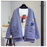 AZYT Women Autumn Winter Knitted Cardigan Cartoon Embroidery Oversize Sweater Coat Harajuku Loose Elegant V Neck Women Cardigans - Bjlxn