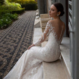 Bjlxn New Arrival Illusion O Neck Full Sleeves Detachable Skirt Mermaid Wedding Dresses Appliqued Crystal Lace Bridal Gowns