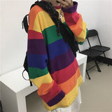 Rainbow Striped Women T Shirts Harajuku Fashion Female Tops Long Sleeves Oversize Woman Tshirt O-Neck Casual Female T-shirts