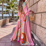 Elegant Gorgeous Printing Dress Women Casual Elastic Waist Long Party Dress 2023 Summer Loose Slit Beach Dress A932