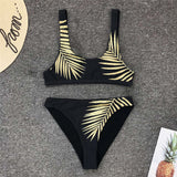 New Sexy Leave Print Female Swimsuit High Waist Bikini Women Swimwear Two-pieces Bikini set Bather Bathing Suit Swim V1795