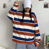 Rainbow Striped Women T Shirts Harajuku Fashion Female Tops Long Sleeves Oversize Woman Tshirt O-Neck Casual Female T-shirts