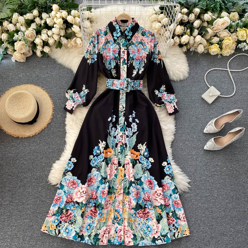 Runway Autumn Spring Vintage Long Sleeve Print Floral High Waist Boho ...