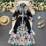 Runway Autumn Spring Vintage Long Sleeve Print Floral High Waist Boho A-Line Party Maxi Dress Elegant Luxury Dresses Women