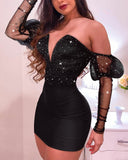 Women Bodycon Dress Sexy Off Shoulder V neck Night Club Mini Dress Glitter Mesh Splicing Party Dress