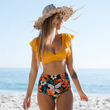 Floral Ruffled Hem Bikini Set Women Flora V-neck High-waisted Two Piece Swimsuit Girl Beach Bathing Suit Swimwear Biquinis