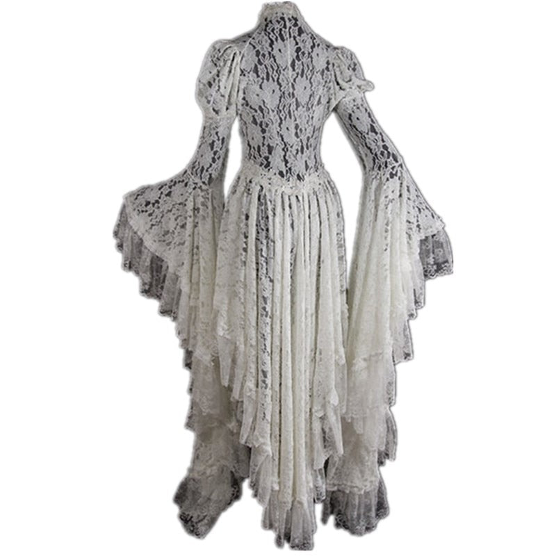 Women White Vintage Solid Lace Flare Sleeve Medieval Cardigan Cosplay ...