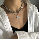 Vintage Carved Coin Thick Chain OT Buckle Necklace Bohemian Punk Metal Coin Collar Choker Necklace Fashion Women Punk Jewelry