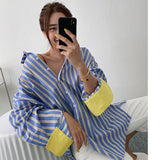 Spring and Summer New Color Contrast Striped Shirt Women's Korean Loose Long Shirt Fashion Tops